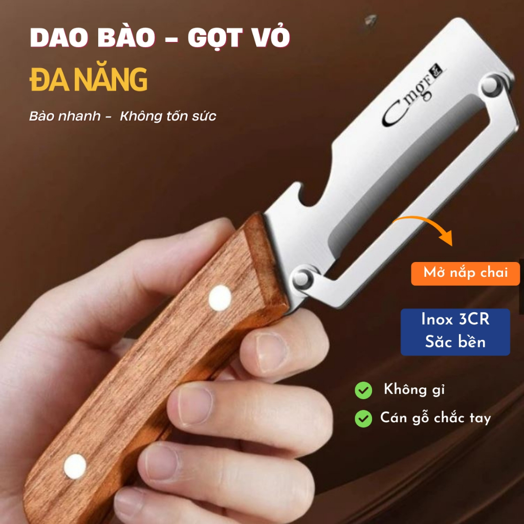 Dao Gọt Vỏ Rau Củ Đa Năng Inox 3CR Cán Gỗ, Dao Bào, Dao Nạo Củ Quả, Gọt ...