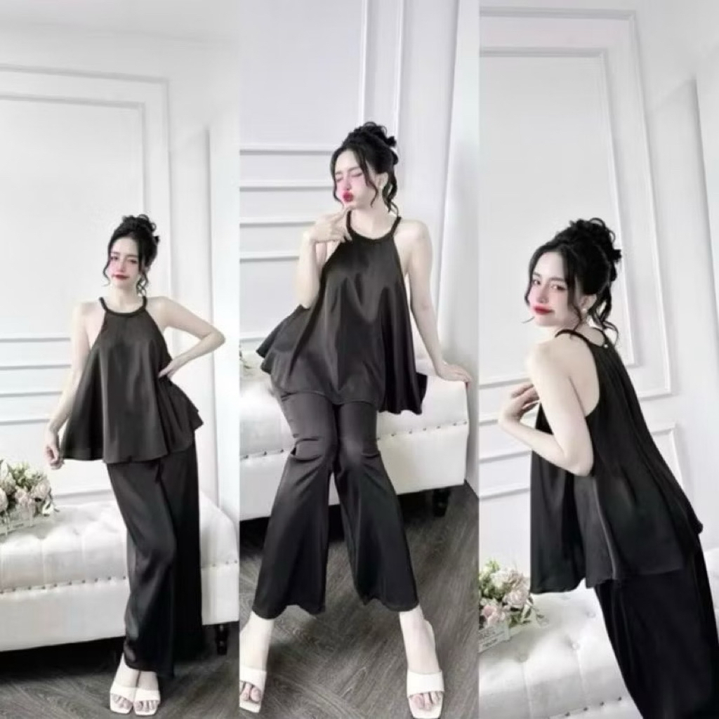 Bộ đồ ngủ nữ cổ yếm quần dài mặc nhà vải Latin mềm mát Freesize 45-58kg -Y86