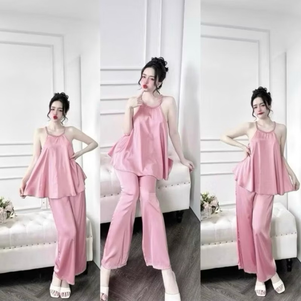 Bộ đồ ngủ nữ cổ yếm quần dài mặc nhà vải Latin mềm mát Freesize 45-58kg -Y86