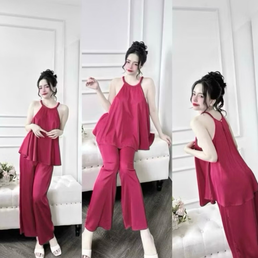 Bộ đồ ngủ nữ cổ yếm quần dài mặc nhà vải Latin mềm mát Freesize 45-58kg -Y86