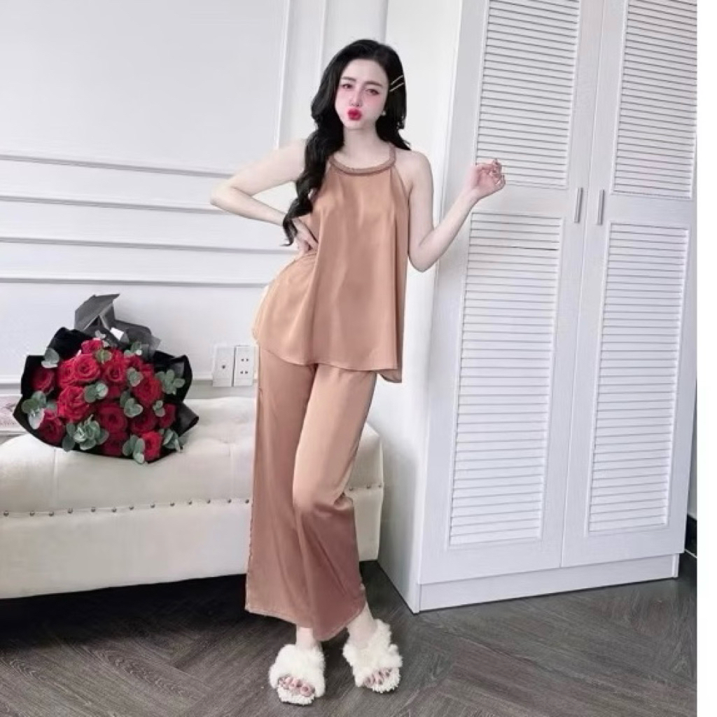 Bộ đồ ngủ nữ cổ yếm quần dài mặc nhà vải Latin mềm mát Freesize 45-58kg -Y86