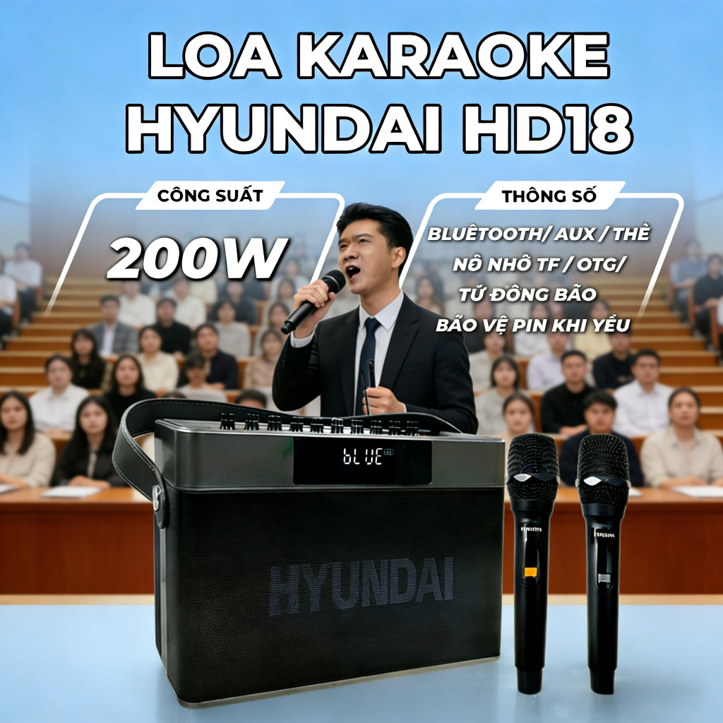 Loa HYUNDAI Loa Karaoke Xách Tay HD18, Công Suất Lớn 200W Đèn Kèm 2 Micro AUX TP Card USB