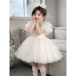 [ HÀNG CAO CẤP ] Đầm công chúa tay ren mềm màu kem bồng xòe cho bé gái [ Tặng cài ]