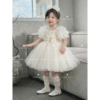 [ HÀNG CAO CẤP ] Đầm công chúa tay ren mềm màu kem bồng xòe cho bé gái [ Tặng cài ]
