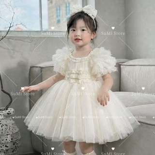 [ HÀNG CAO CẤP ] Đầm công chúa tay ren mềm màu kem bồng xòe cho bé gái [ Tặng cài ]