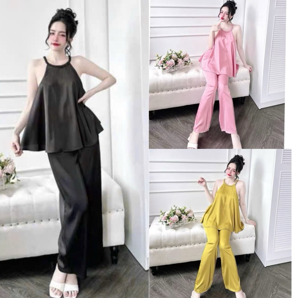 Bộ đồ ngủ nữ cổ yếm quần dài mặc nhà vải Latin mềm mát Freesize 45-58kg -Y86