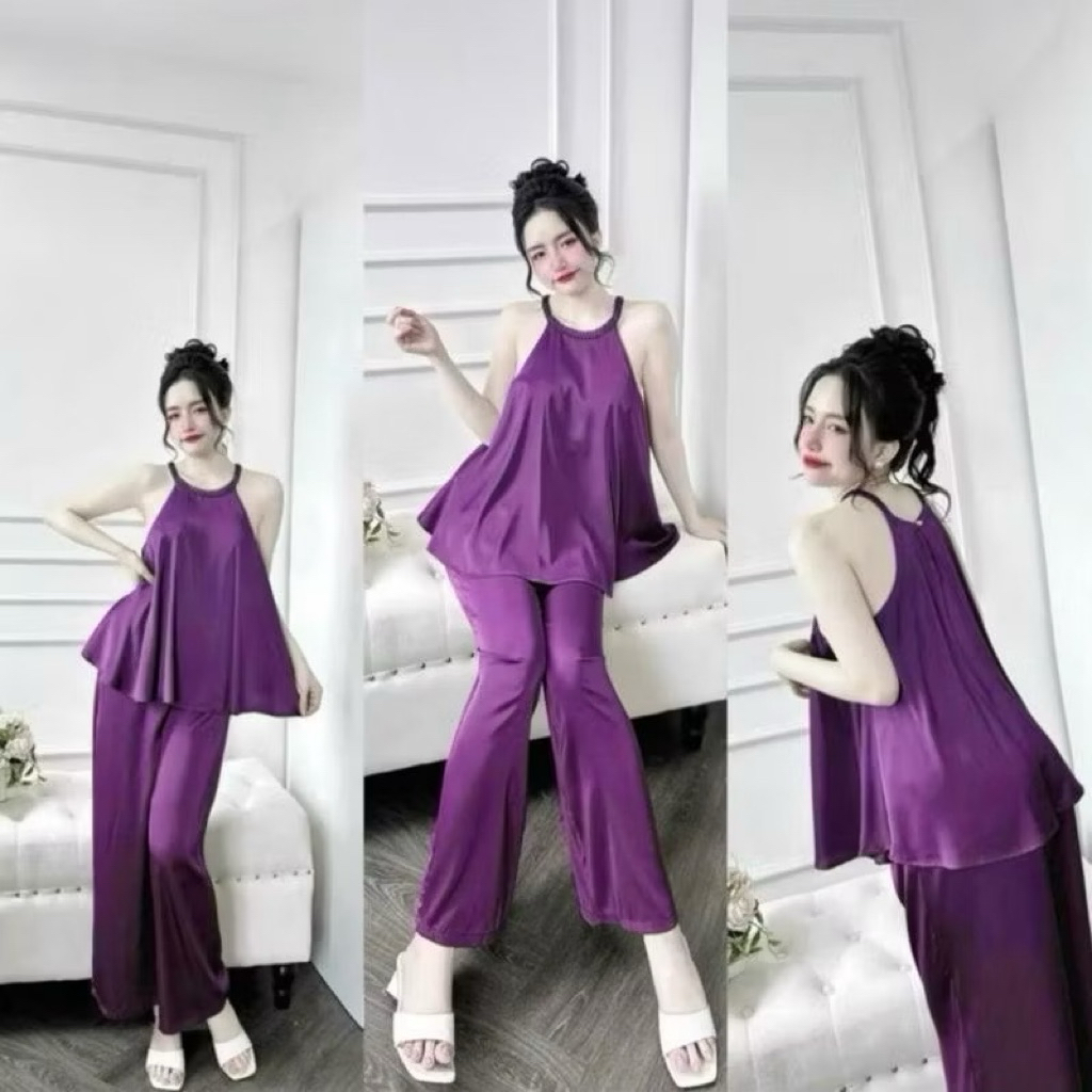 Bộ đồ ngủ nữ cổ yếm quần dài mặc nhà vải Latin mềm mát Freesize 45-58kg -Y86