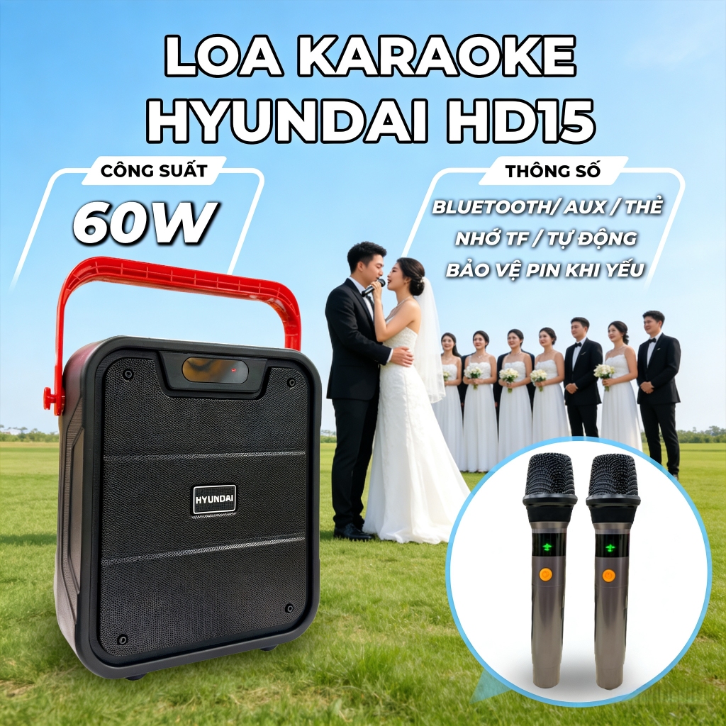 Loa HYUNDAI Loa Karaoke Xách Tay nhỏ gọn HD15, Công Suất 60W Kèm 2 Micro