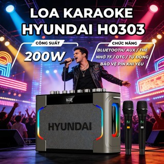 Loa Hyundai Loa Karaoke Xách Tay HD0303 - Công suất lớn 200W Đèn Led RGB Kèm 2 Micro AUX TP Card USB