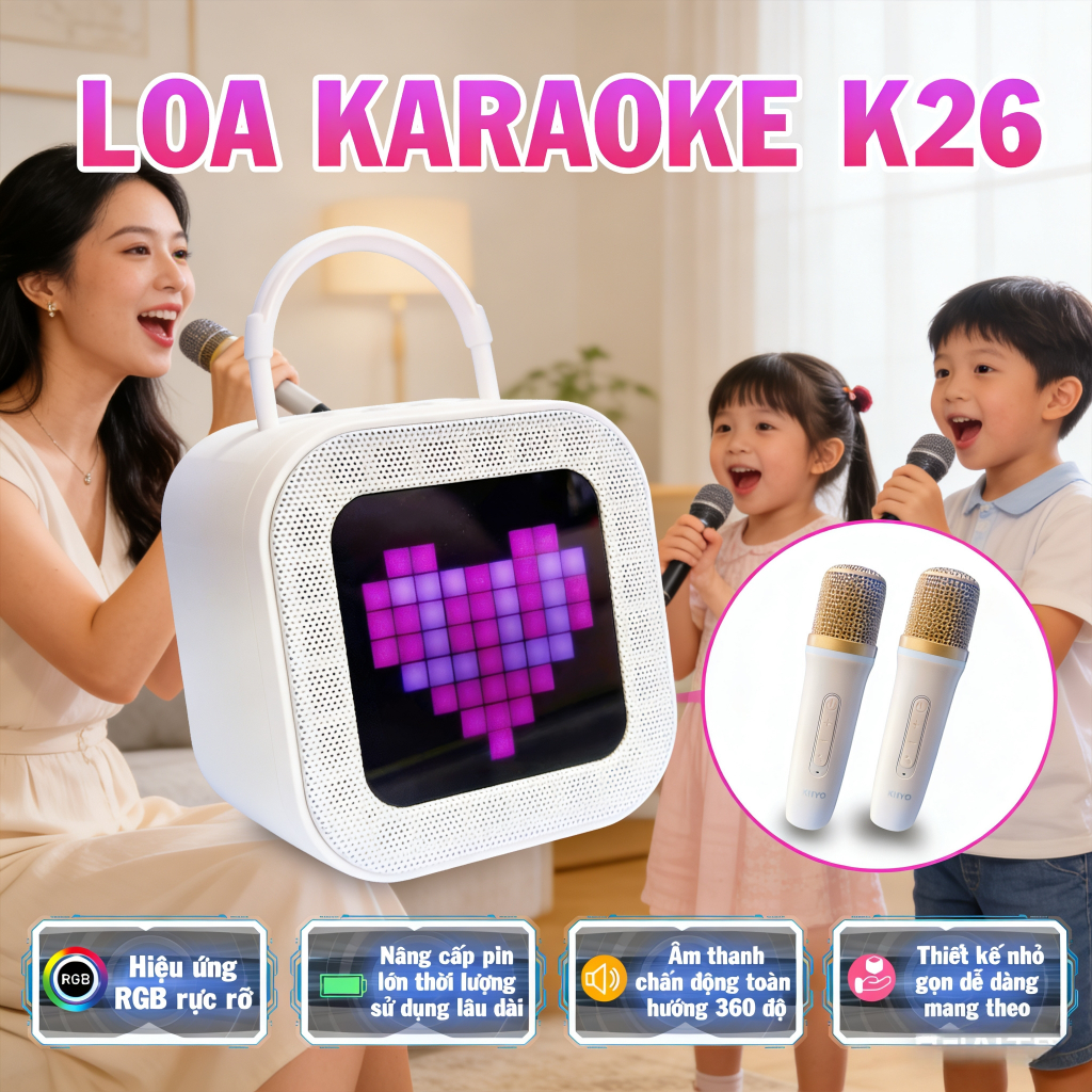 Loa mini Karaoke KINYO KINYO-K26, Công Suất 10W Đèn Led RGB Kèm 2 Micro AUX TP Card USB