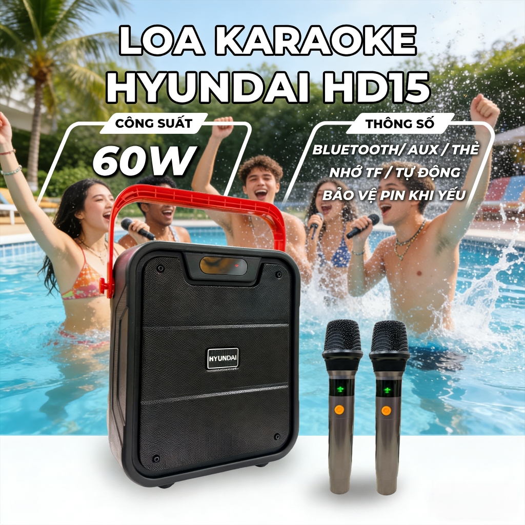 Loa HYUNDAI Loa Karaoke HD15 60W, Kèm 2 Micro