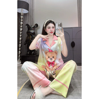 Đồ Bộ Pijama Lụa LaTin Tơ Tằm Hoạ Tiết Rừng Thiết Kế Nữ (Có Túi Quần 40kg-60kg)