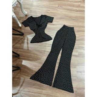 Set 2 món áo cổ v phối ren đính nơ + quần ống loe dài