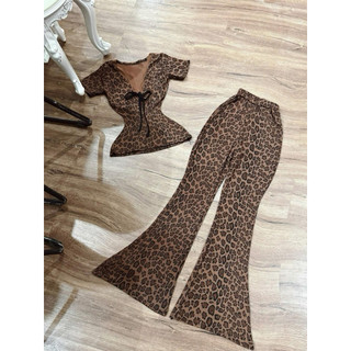 Set 2 món áo cổ v phối ren đính nơ + quần ống loe dài