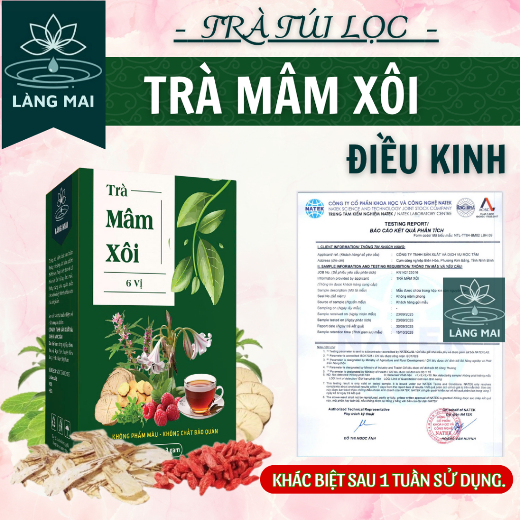 Trà Điều kinh Mâm Xôi - Làng Mai - Giảm đau bụng kinh, khí huyết kém, Trinh Nữ Hoàng Cung, Sâm Tố Nữ