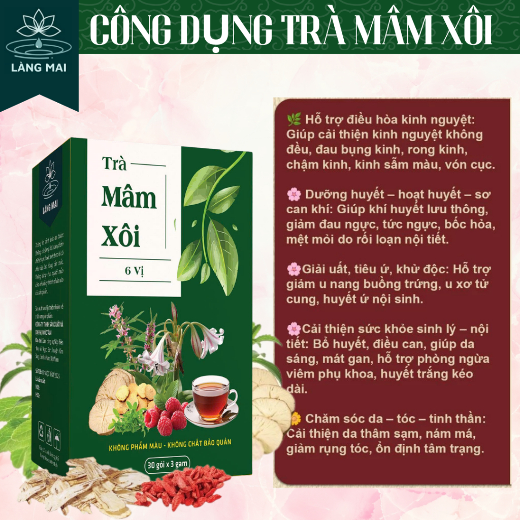 Trà Điều kinh Mâm Xôi - Làng Mai - Giảm đau bụng kinh, khí huyết kém, Trinh Nữ Hoàng Cung, Sâm Tố Nữ