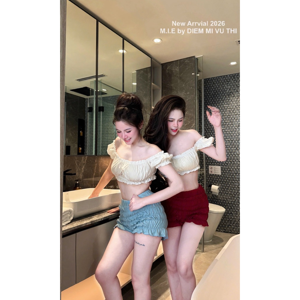 Set áo trễ vai croptop mix quần sooc chun xinh xỉu