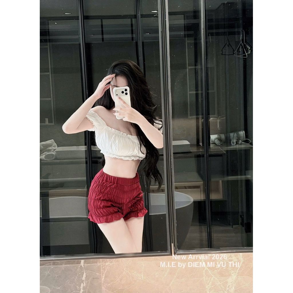 Set áo trễ vai croptop mix quần sooc chun xinh xỉu