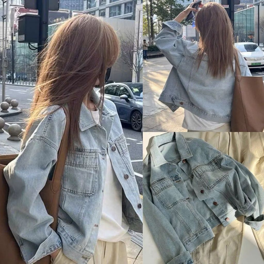Áo Khoác Denim Xanh Nhạt Form Rộng Phối Quần Be Ống Suông Thanh Lịch Joolate