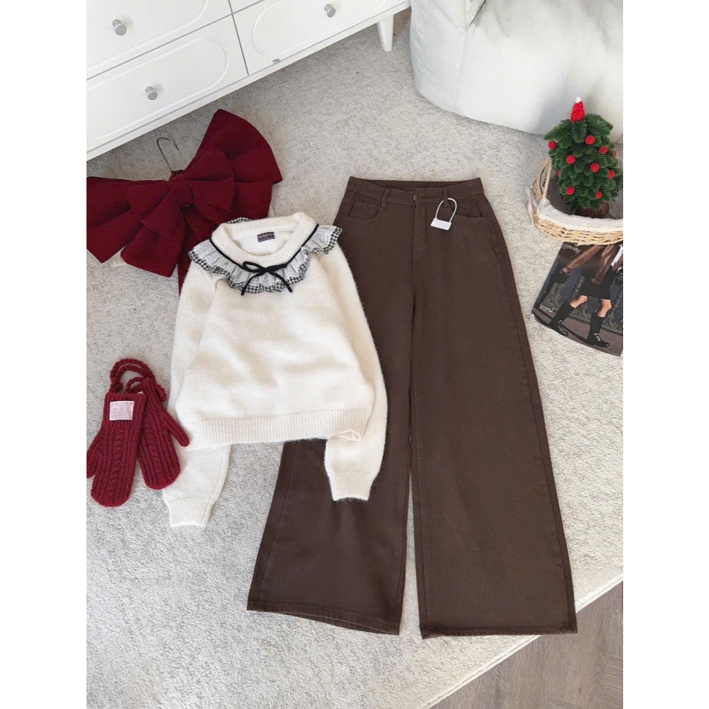 Quần Jeans Ống LOE rộng Quần Bò Ống Rộng màu nâu Choco cao cấp Phong Cách Hàn Quốc Joolate 7768_P2