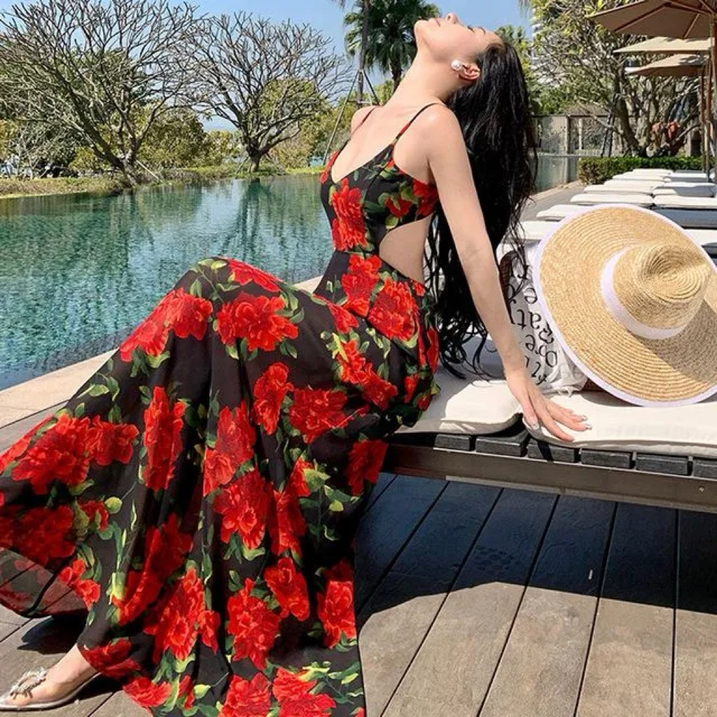 Lulus | Đầm maxi hoa hồng đỏ nền đen siêu nổi bật 🥀