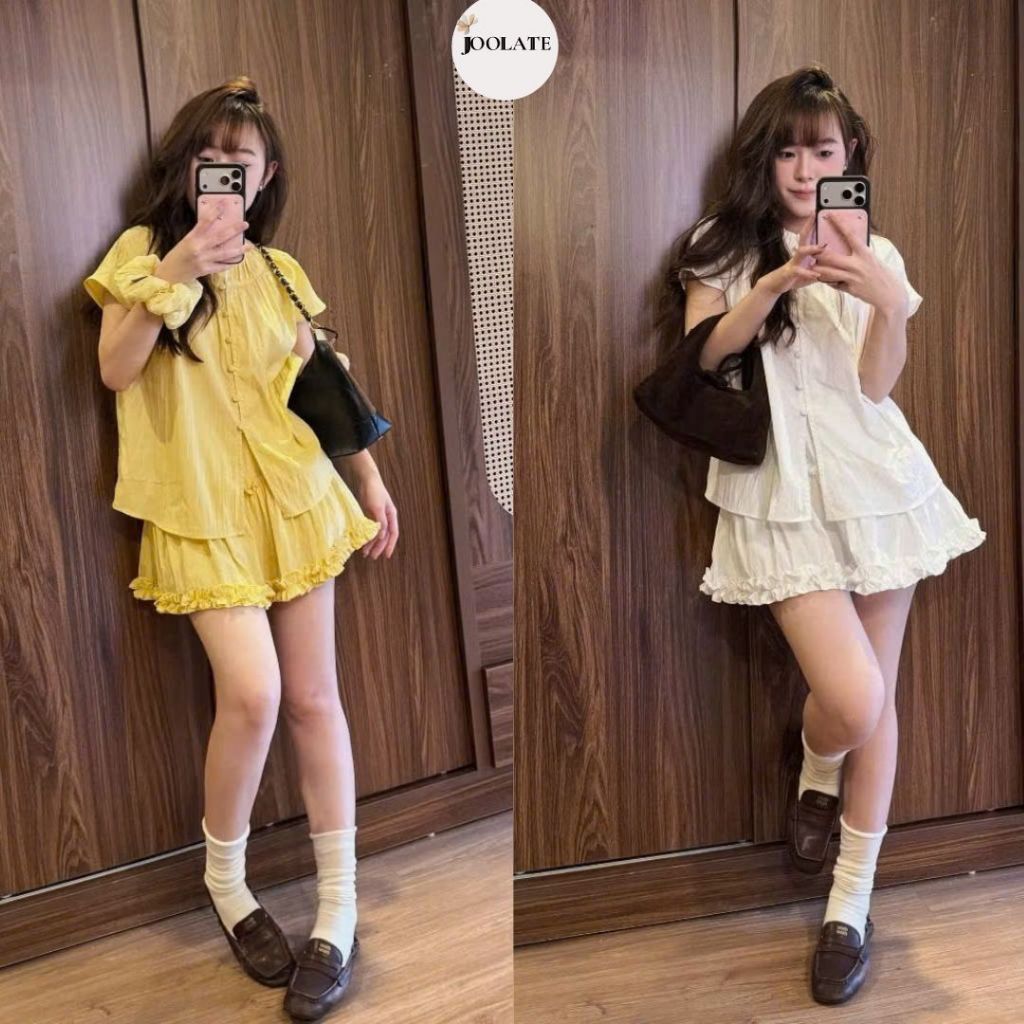 Set Áo Babydoll Dáng Suông Cổ Rúm Tay Phồng Mix Chân Váy Viền Bèo Cạp Chun Nữ Tính Joolate Set3925