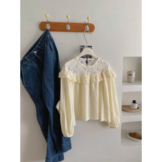 Áo Kiểu Babydoll Nữ Chất Cotton Phối Ren Ngực Viền Bèo Tay Dài Bồng Dáng Ngắn Vintage - Cakecat