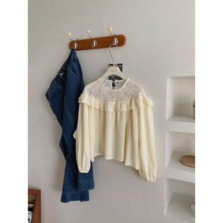Áo Kiểu Babydoll Nữ Chất Cotton Phối Ren Ngực Viền Bèo Tay Dài Bồng Dáng Ngắn Vintage - Cakecat