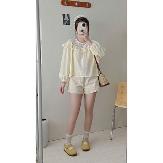 Áo Kiểu Babydoll Nữ Chất Cotton Phối Ren Ngực Viền Bèo Tay Dài Bồng Dáng Ngắn Vintage - Cakecat