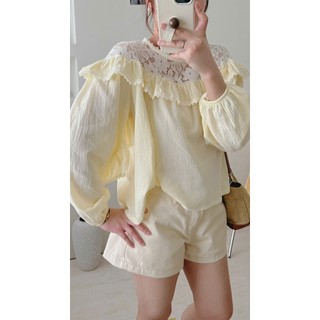 Áo Kiểu Babydoll Nữ Chất Cotton Phối Ren Ngực Viền Bèo Tay Dài Bồng Dáng Ngắn Vintage - Cakecat