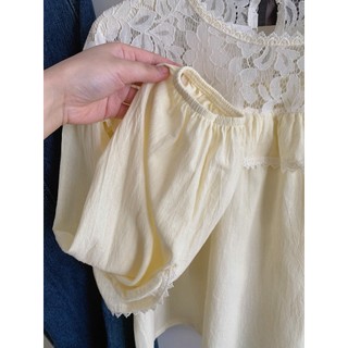 Áo Kiểu Babydoll Nữ Chất Cotton Phối Ren Ngực Viền Bèo Tay Dài Bồng Dáng Ngắn Vintage - Cakecat