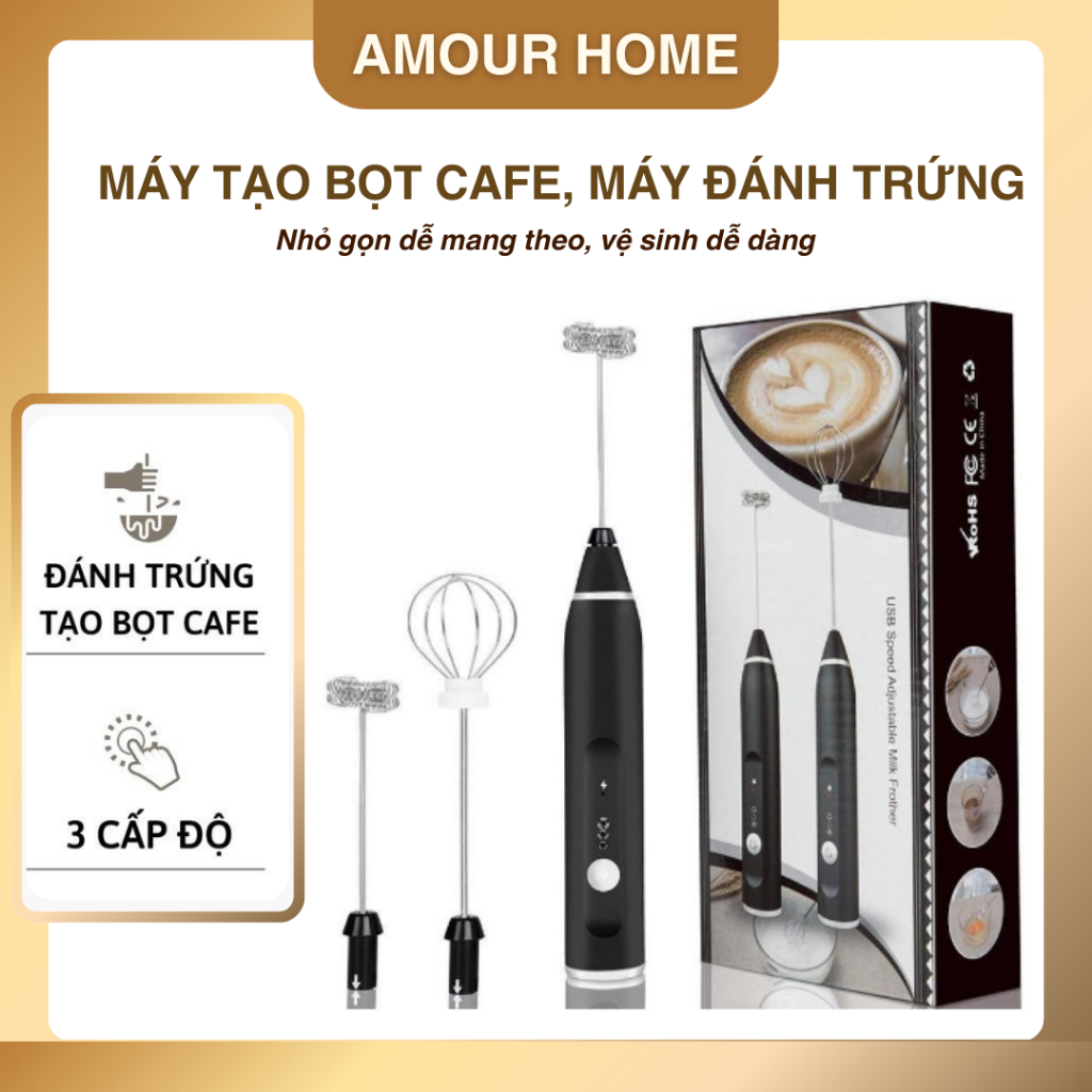 Máy Đánh Bọt Sữa, Máy Đánh Trứng Mini Cầm Tay Sạc Pin 3 Cấp Độ Tặng Kèm 2 Đầu Đánh Tiện Dụng
