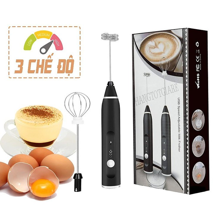 Máy Đánh Bọt Sữa, Máy Đánh Trứng Mini Cầm Tay Sạc Pin 3 Cấp Độ Tặng Kèm 2 Đầu Đánh Tiện Dụng