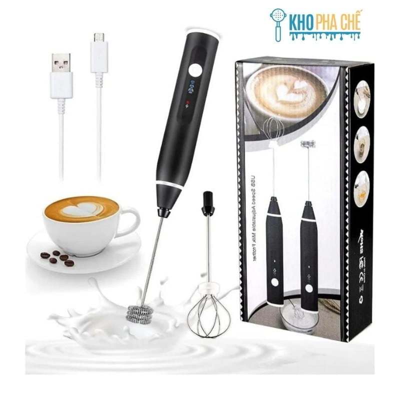 Máy Đánh Bọt Sữa, Máy Đánh Trứng Mini Cầm Tay Sạc Pin 3 Cấp Độ Tặng Kèm 2 Đầu Đánh Tiện Dụng