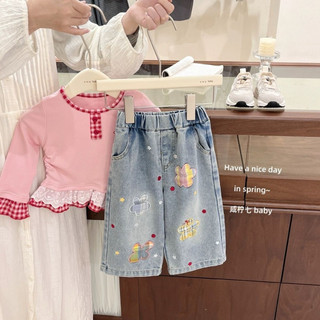 Quần jeans dáng suông hoạ tiết hoa cho bé gái