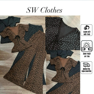 Set 2 món áo cổ v phối ren đính nơ + quần ống loe dài