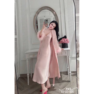 Đầm ngủ 2 dây lụa kèm áo choàng dài tay lông Mộc Miên