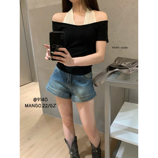 QCL1 9140 Áo thun phối cổ yếm xoắn phiên bản ngắn tay chuẩn WGWE xịn sò
