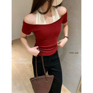 QCL1 9140 Áo thun phối cổ yếm xoắn phiên bản ngắn tay chuẩn WGWE xịn sò