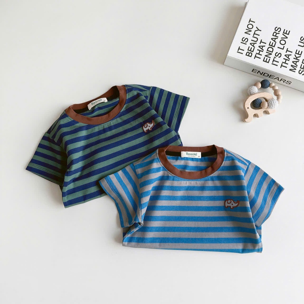 Áo phông cộc tay kẻ sọc Beermi phối viền cổ nổi bật chất liệu cotton 4c mềm mát cho bé 9-28kg
