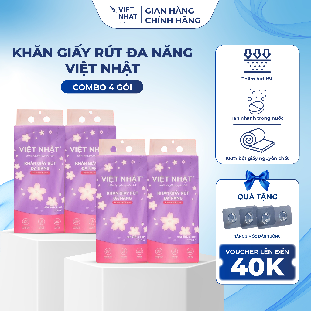 [COMBO TIÊU CHUẨN] 4 Gói Giấy Rút Treo Tường Việt Nhật 2 Móc An Toàn, Thấm Hút Tốt, Mềm Mại, Đạt Chuẩn Chất Lượng