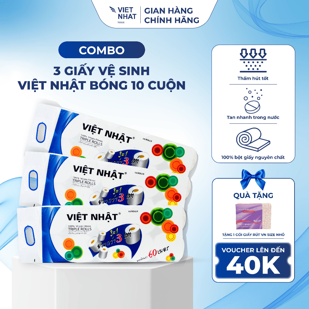 COMBO 3 Giấy Vệ Sinh Việt Nhật Bóng Không Lõi/Có Lõi 10 Cuộn 4 Lớp Tan Nhanh, An Toàn, Thấm Hút Tốt, Đạt Chuẩn Chất Lượn