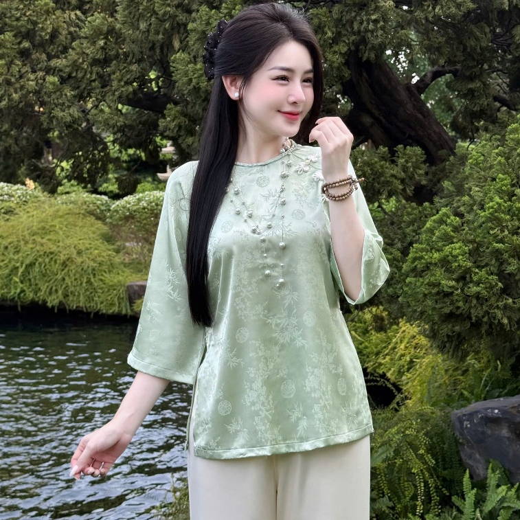 Đồ lam đi chùa nữ bộ pháp phục cổ tết gấm trúc đính ngọc lụa mềm mại thanh lịch đi lễ tết đền chùa 4size S,M,L,XL