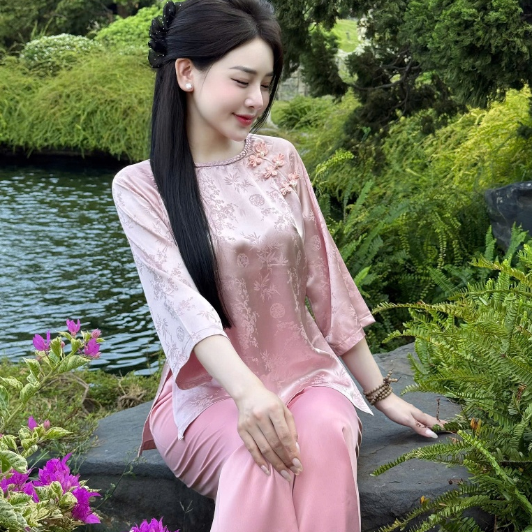 Đồ lam đi chùa nữ bộ pháp phục cổ tết gấm trúc đính ngọc lụa mềm mại thanh lịch đi lễ tết đền chùa 4size S,M,L,XL