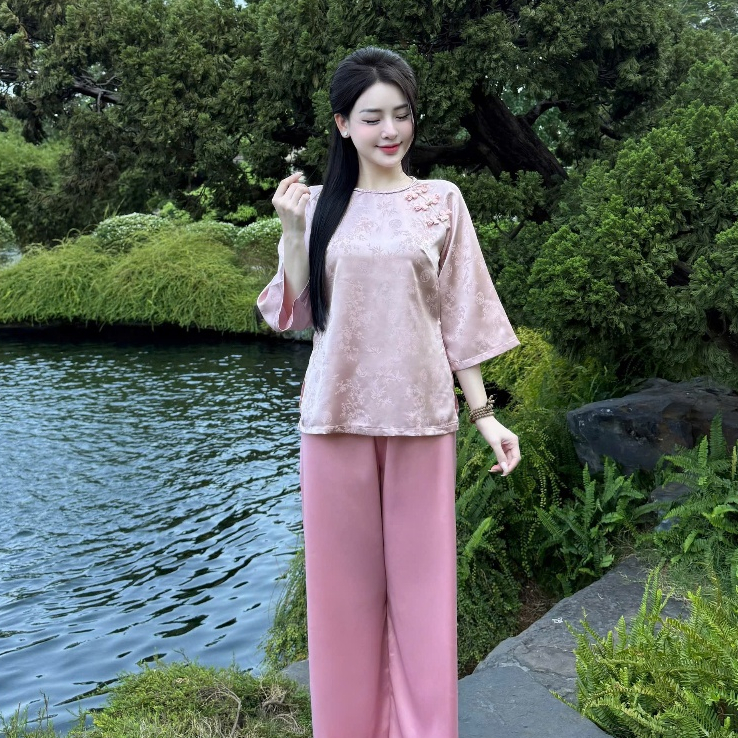 Đồ lam đi chùa nữ bộ pháp phục cổ tết gấm trúc đính ngọc lụa mềm mại thanh lịch đi lễ tết đền chùa 4size S,M,L,XL