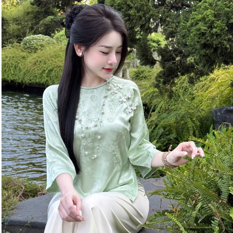 Đồ lam đi chùa nữ bộ pháp phục cổ tết gấm trúc đính ngọc lụa mềm mại thanh lịch đi lễ tết đền chùa 4size S,M,L,XL