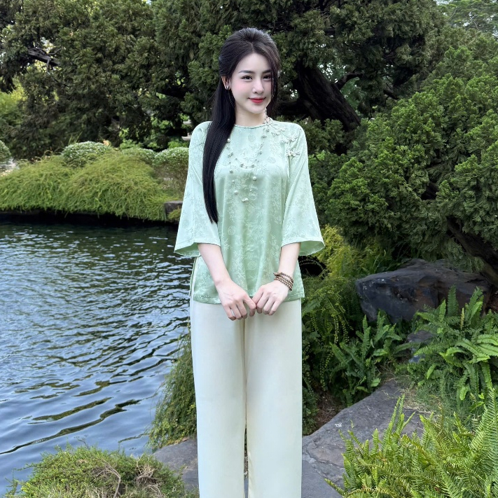 Đồ lam đi chùa nữ bộ pháp phục cổ tết gấm trúc đính ngọc lụa mềm mại thanh lịch đi lễ tết đền chùa 4size S,M,L,XL