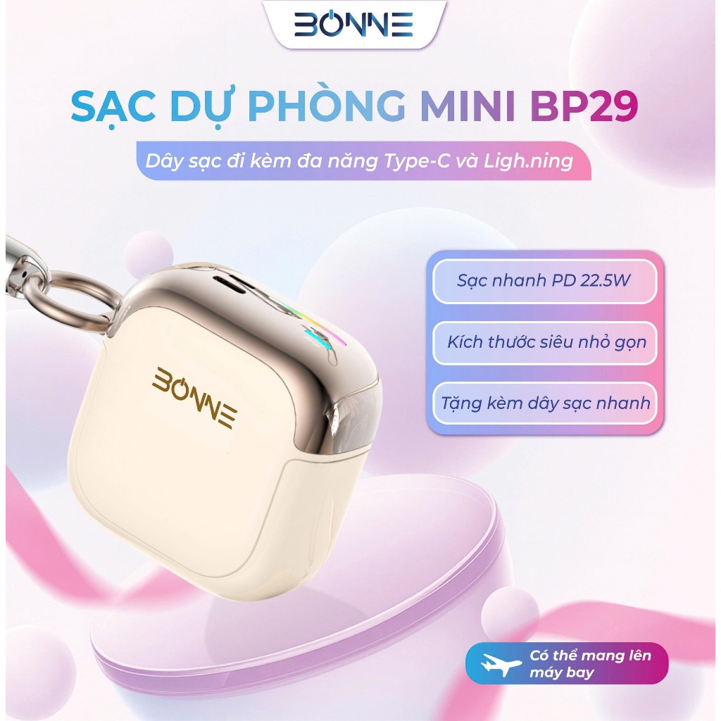 Sạc Dự Phòng Mini BP29 Chính Hãng BONNE TECH , Tích Hợp Dây Đeo Type C To L , Bảo hành 12 Tháng.