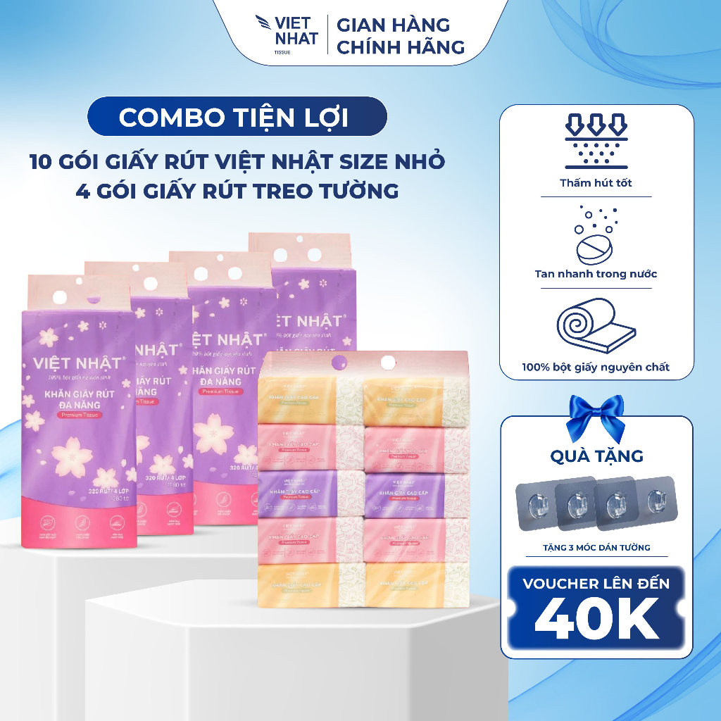 [COMBO TIỆN LỢI] 10 Gói Giấy Rút Việt Nhật Size Nhỏ - 4 Gói Giấy Rút Treo Tường An Toàn, Thấm Hút Tốt, Mềm Mại, Đạt Chuẩ