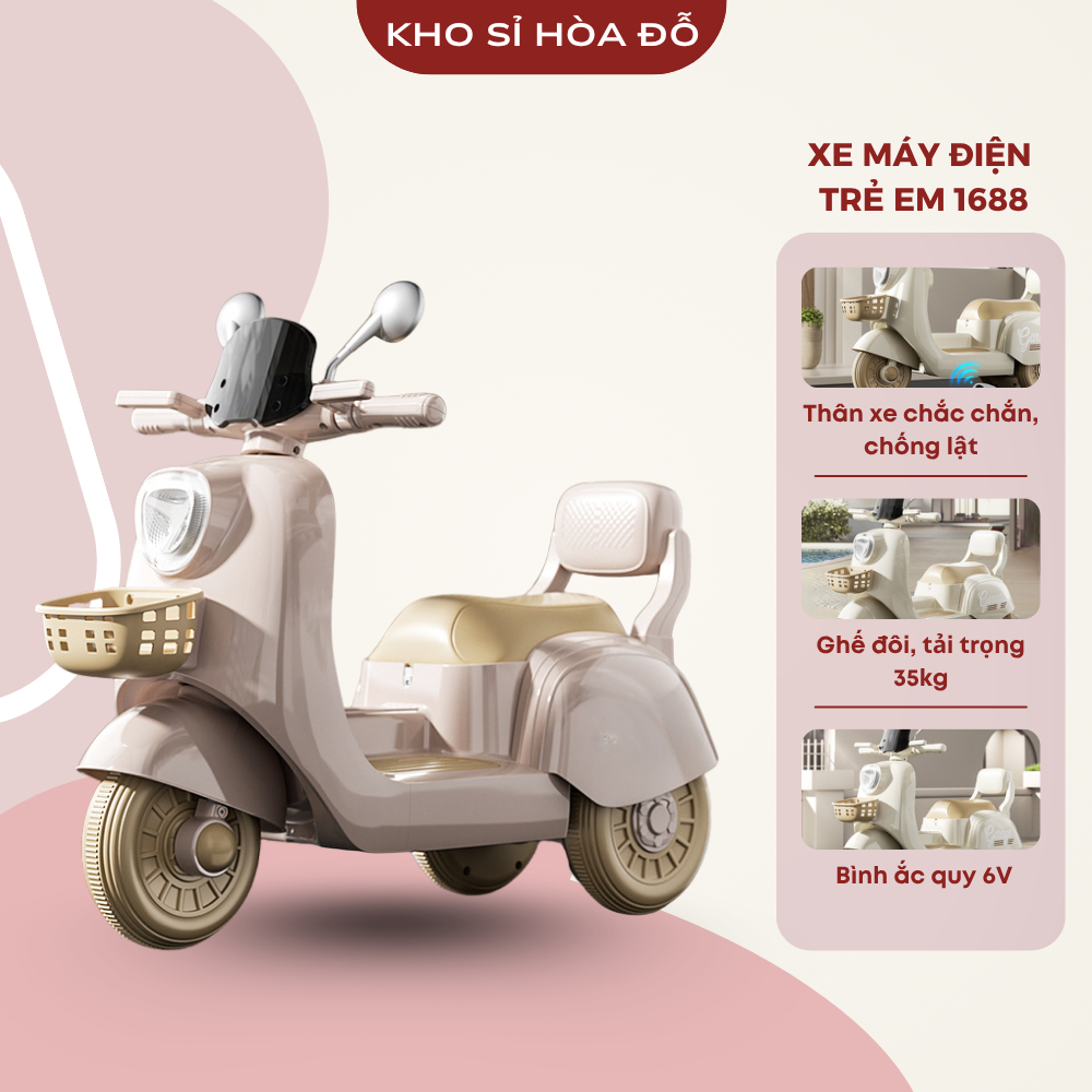 Xe máy điện trẻ em mã 1688 có gương chắn, giỏ để đồ, bàn đạp chân ga